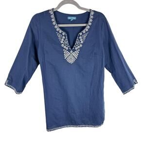 Fleur Bleue Navy Blue Linen Cotton 3/4 Sleeve Embroidered Tunic Top Size M‎